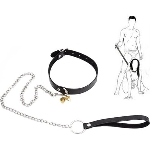 BDSM Slave PU Leather Chain Collar with Bells Bondage Fetishs Necklace Traction Rope Restraints Sex Accessories Toys for Adult