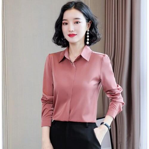 Korean Fashion Silk Women Blouses Long Sleeve Office Lady Shirt and Blouse Plus Size XXXL Turn-down Collar Satin Womens Tops