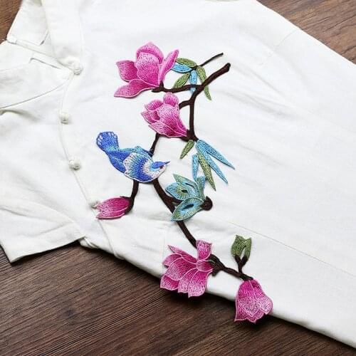Big Magnolia Flower with Bird Embroidered Patch Sewing Applique Clothes Shoes Bags Decoration Patch Apparel DIY Patches