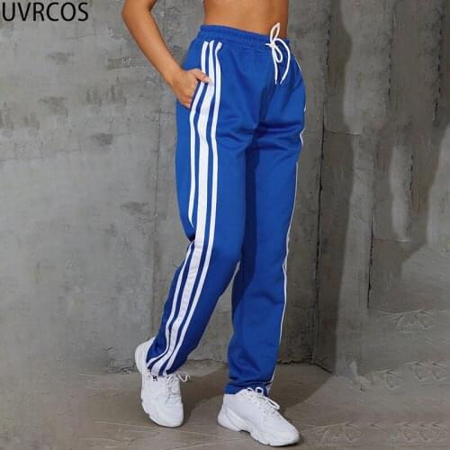 UVRCOS Pants For Women Mode Femme Streetwear Hot Casual Sport Striped Print Panelled Waist Stretchy Lace Up Cyber Y2K Sweatpants