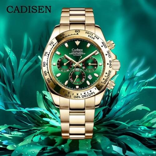CADISEN Men Mechanical Wristwatch Luxury Automatic Watch For Men Sapphire Crystal Stainless Steel Ceramic Bezel 10Bar Gold Clock