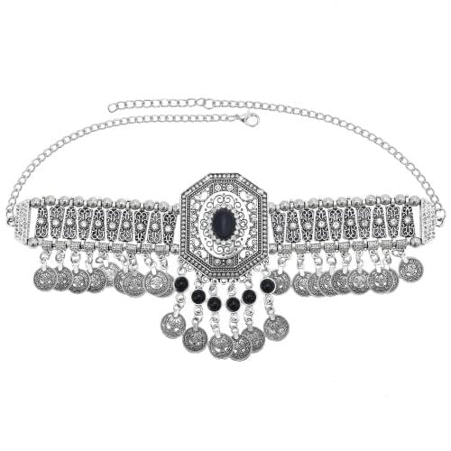 Gypsy Tribal Vintage Silver Color Metal Necklaces for Women Boho Black Blue Red Stone Choker Necklace Coin Tassel Jewelry Gift