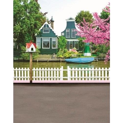 5x7ft House Tree Pink Flower Fence Photography Backdrops Photo Props Studio Background