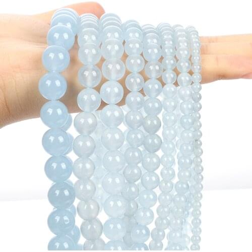 Smooth Light Blue Chalcedony Jades Natural Stone Beads Round Loose Beads For Jewelry Making DIY Bracelet Necklace Strand 4-12 MM
