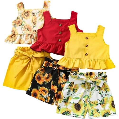 New 2 Pieces Kids Suit Set, Summer Sunflower Print Square Neck Sleeveless Tops+ Solid Color Shorts for Girls, 1-4 Years