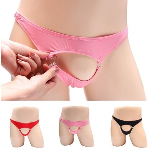 Men Briefs Low-Rise Sissy Bikini Briefs Ice Silk Sexy Thong Underwear With Hole Personalized Free Take Off Unbuttoned T-pants