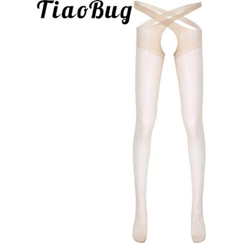 Mens Lingerie Stockings See-through Thin Pantyhose Hollow Out Open Crotch Stretchy Cross Tights Erotic Sexy Costume