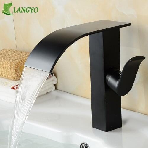 LANGYO New Bathroom Basin Waterfall Faucet Brushed Nickel Black Finish Brass Hot Water Single Handle Vessel Basin Tap Mixer
