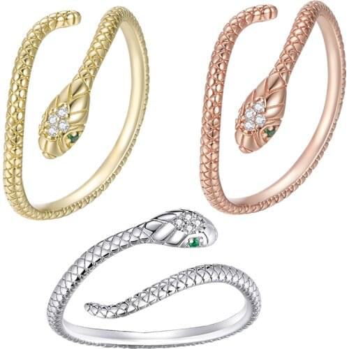 BISAER Snake Open Ring Real 925 Sterling Silver Clear Zircon Adjustable Animal Rings Finger For Women Novelty Jewelry ECR666