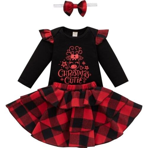 Christmas Baby Girls Princess Letter Romper Top +Plaid Tutu Ruffle Shorts+Headband Clothes Set Baby Xmas Outfits 0-12M