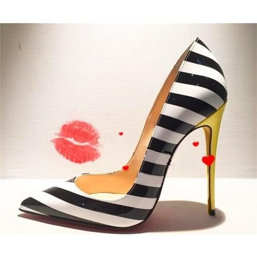 Sexy Black And White Strip High Heel Shoes Yellow Heels Pointed Toe Sky High Heel Wedding Shoes Plus Size Women Pumps