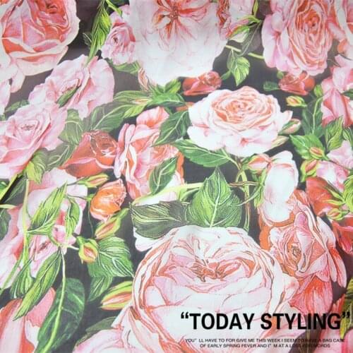 LEO&LIN Large Wide Black Background Green Leaf ROSE Beautiful Real Silk Chiffon 100% Silk Clothing Cloth Fabric DIY patchwork