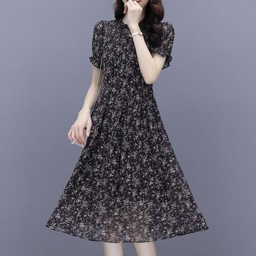 Vintage Floral Dress Women Elegant Chiffon Korean Party Dress Short sleeve O-Neck Dress summer Dresses for Women 2021