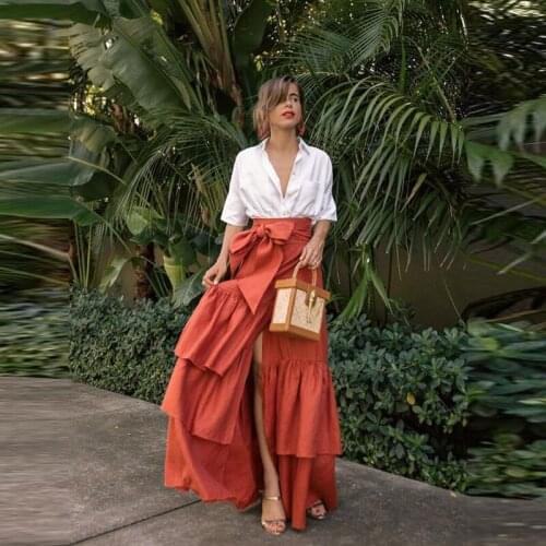 Brick red Long Skirt Straight Skirt Front Split Satin Women Skirts Long With Ribbon Sash Women Formal Wear Jupe Party faldas