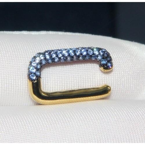 SLJELY Fashion Real 925 Sterling Silver Gold Color Single Navy Blue Rectangle Ear Bone Cuff Geometric Clip Earring 1pc for Women