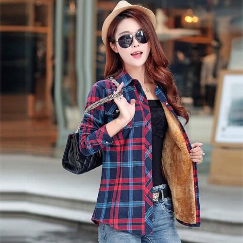 Ladies Warm Jackets Winter Camisa Femininas Long Sleeve Thick Velvet Plaid Cost Shirt Women Flannel Shirts Full Cotton Coat