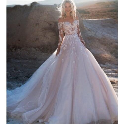 Off-Shoulder Wedding Dress Lace Backless Sheer Long Sleeve Court Train A-Line Bridal Dress Arabic Wedding Gowns vestido novia