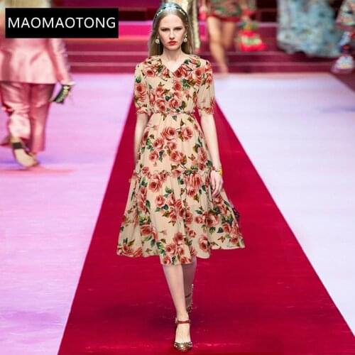 Fashion Designer Summer Dress Womens Elegant V-neck Ruffles Short Sleeve Flower print Vintage Party Midi Dress