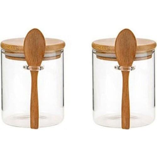 2Pcs Sugar Bowl with Bamboo Lid and Spoon Clear Glass Canister Jar for Kitchen Storag
