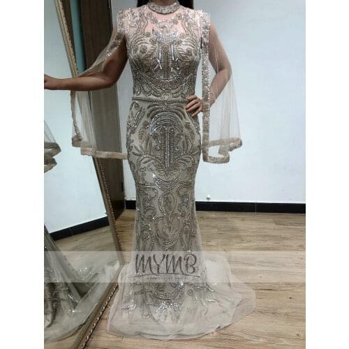 2021 Sparkly Dubai Rose Gold Muslim Evening Gown High Neck Luxury Beaded Bodice Cap Sleeve Hijab Evening Wedding Guest Dresses