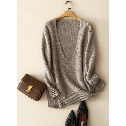 2021 france styles 100% cashmere deep v neck sweaters women knitted autumn winter chic oversized jumper female warm knitwear