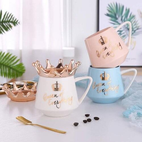300ML Nordic Style Coffee Mug With Golden Crown Lid Ceramic Milk Cup Creative Home Water Cups Best Gift For Boyfriend Girlfriend