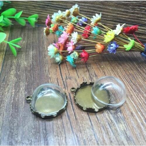 50sets 20/25mm empty half round glass dome bronze color crown base tray vial pendants making kits jewelry necklace charm setting