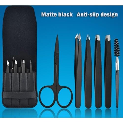 6 Piece Professional Stainless Steel Eyebrow Tweezers Set Hair Slant Tool Eyebrow Clip Stickers With Case Makeup Tool Set