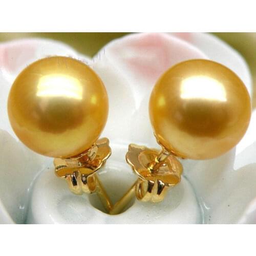 FREE SHIPPING HOT sell new Style >>>>9mm AAA+++ round golden yellow south sea pearl earring stud jewelry solid gold