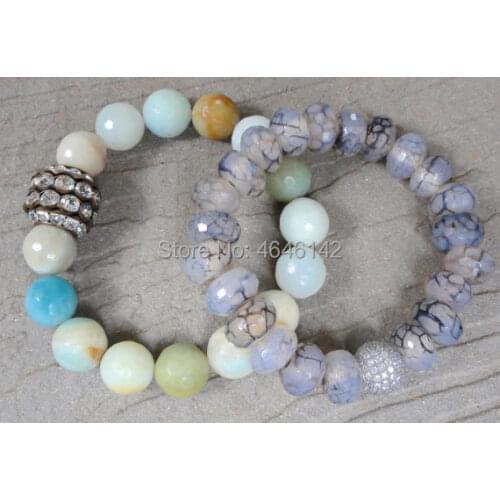 Boho Pave Silver Plated zircon agates Beaded Stretch Bracelets,Amazonite Stack Bracelet
