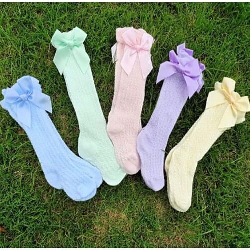 Kids Girls Socks Mesh Bow Babys Socks Knee High Summer Thin Anti-Mosquito Socks Bubble Mouth Vertical Striped Mesh Stocking
