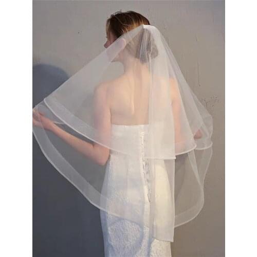 New White Champage Wedding 2T Bridal Veil Elbow Length Satin Ribbon Edge with Comb Bride Bridal Veils