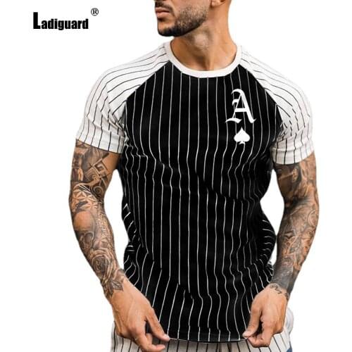 Ladiguard Plus SIze 3xl Men Basic Top Patchwork Stripes T-shirt Sexy Mens clothing 2021 Summer Casual Pullovers Skinny Tee Shirt