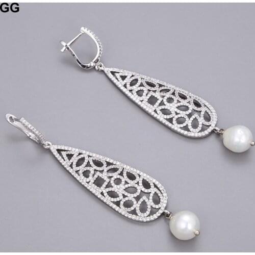 GuaiGuai Jewelry White Keshi Pearl White Gold Plated CZ Pave Teardrop Earrings