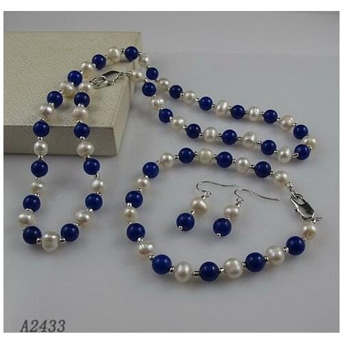 6-7mm Blue Jades With Freshwater Cultured Choker Pearl Necklace For Girl Real Pearl Necklace Bracelet Earrings Jewelry Set