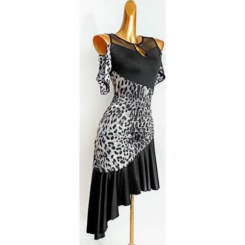 DL638 Leopard Partchwork Lotus Latin Dance Dress Women Bodysuit Latin Dance Tops for Ballroom Tango Dancing Performamnce Set