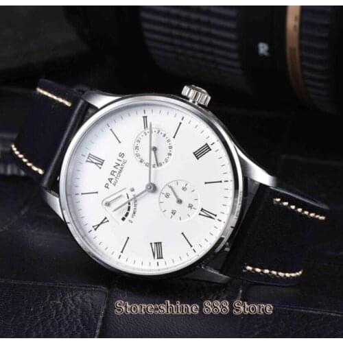 42mm Parnis white dial full solid case date power reserve automatic mens watch