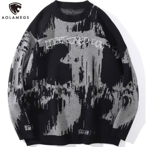 Aolamegs Sweater Men Building Punk Letter Knitted Pullover Couple Casual Loose Retro Fashion Diablo High Street Style Streetwear