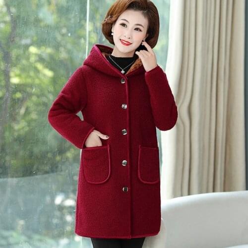 2021 New Winter Coat Middle-aged and Elderly Womens Jackets Korean Mid-Long Hooded Single-breasted Plush Thick Warm Overcoat