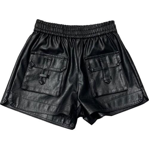 2021 autumn winter safari style pu leather shorts women elastic waist wide leg shorts