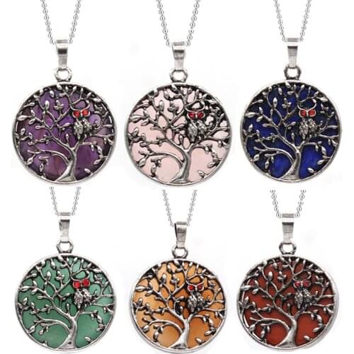 Natural Stone Tree of life Owl Necklace Big Round Pendant Flat Beads Chains Necklace For Women Statement Jewelry Classic Collier