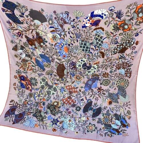 Luxury 70% Cashmere 30% Silk Thin Scarf Women Fashion Butterfly Flower Print Shawl Kerchief Large Blanket Stole 54x54 inches