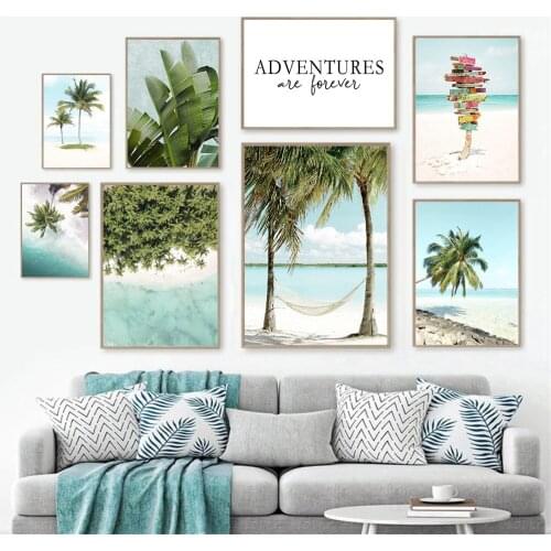 Beach Palm Tree Canvas Print Banana Leaf Hammock Nordic Poster Painting Sea Landscape Wall Art Pictures Living Room Home Decor