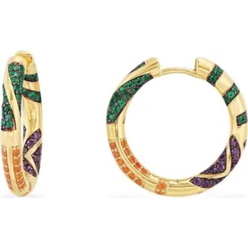 2Pairs Fashion 22mm Rainbow Geometrical Pattern CZ Cubic Zirconia Hoop Earrings