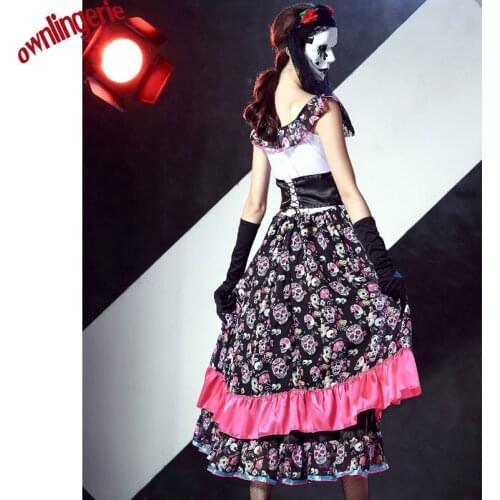 Skeleton pattern Vampire Zombie Cosplay Black Ghost Bride Costumes Witch Princess Mesh Dress and Head Wear Set