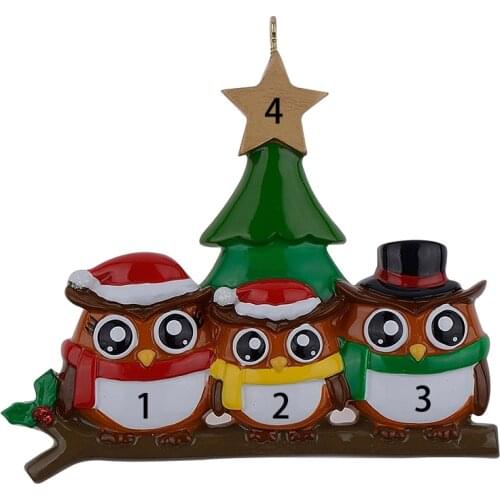 Owl Family of 3 Polyresin Glossy Personalized Christmas Ornaments Pendant with Green Tree Golden Star for Decorative Crafts