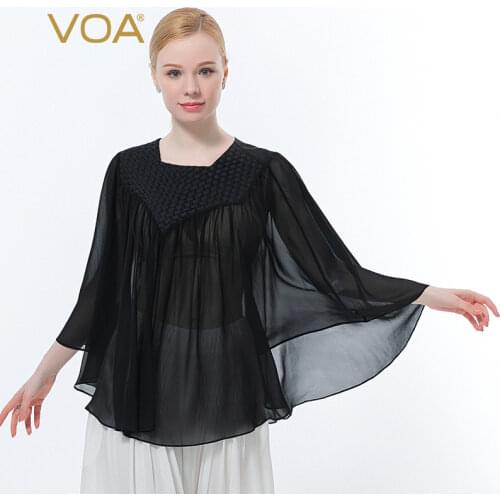 VOA Silk Elastic Twill Black Square Collar Three-dimensional Woven Design Georgette Micro-transparent Cloak Woman Tshirts BE638