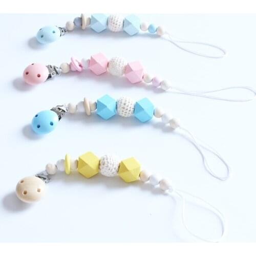 Pacifier Clip Chain Baby Infant Wooden Crochet Teething Beads Prevent drop down Paci Holder Soothie Clips Teether Toy F617