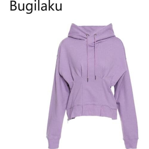 Bugilaku Drawstring Hooded Hoodies Women Slim Waist Pure Color Casual Long Sleeve Sweatshirt Autumn New All-match Jackets Female