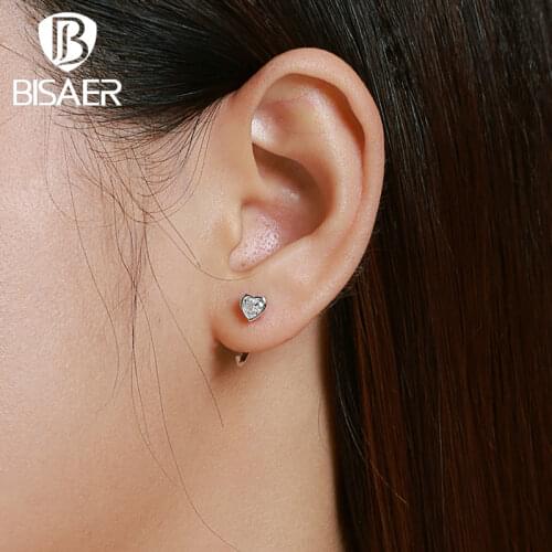 BISAER Shiny Heart Earrings 925 Sterling Silver Love Heart AAA Zircon Hoop Earrings For Women Fashion Jewelry Best Gift EFE516